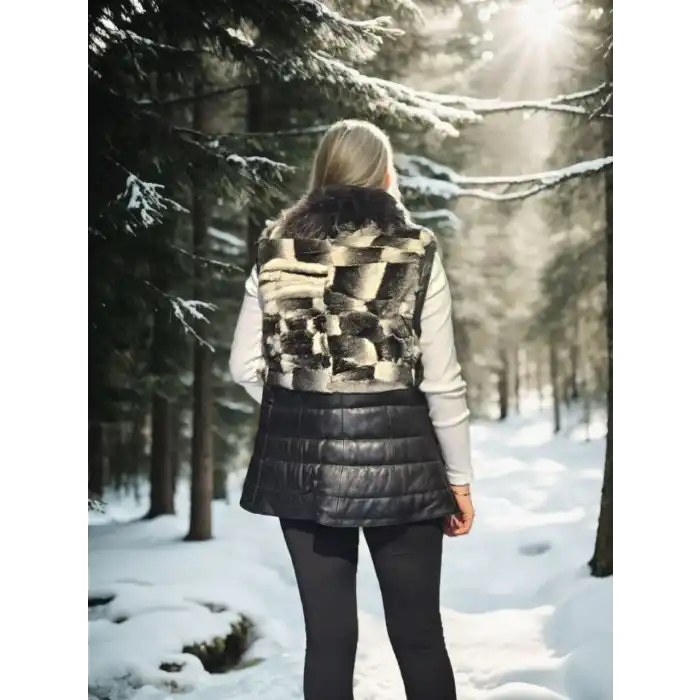 Kadın Kolsuz Hakiki Deri Kürk - Siyah