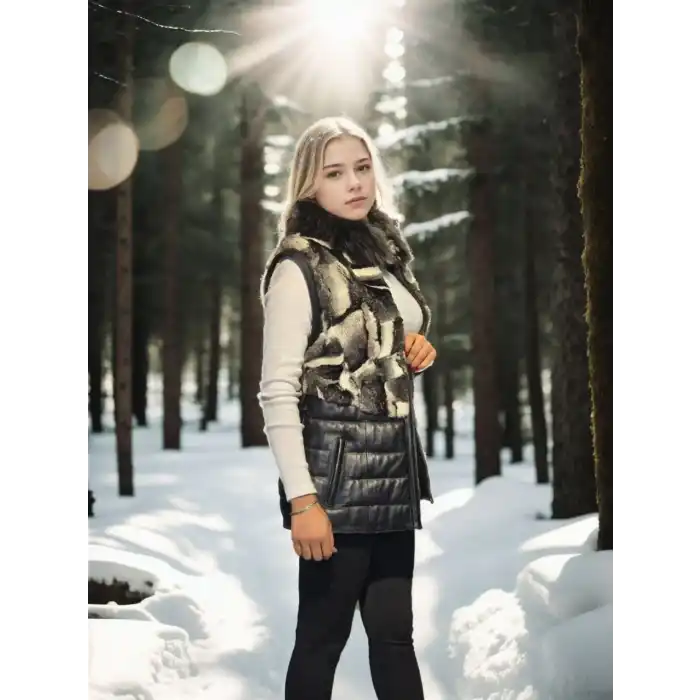 Kadın Kolsuz Hakiki Deri Kürk - Siyah