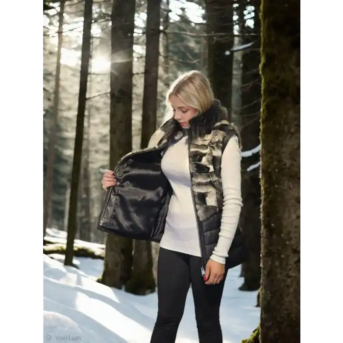 Kadın Kolsuz Hakiki Deri Kürk - Siyah