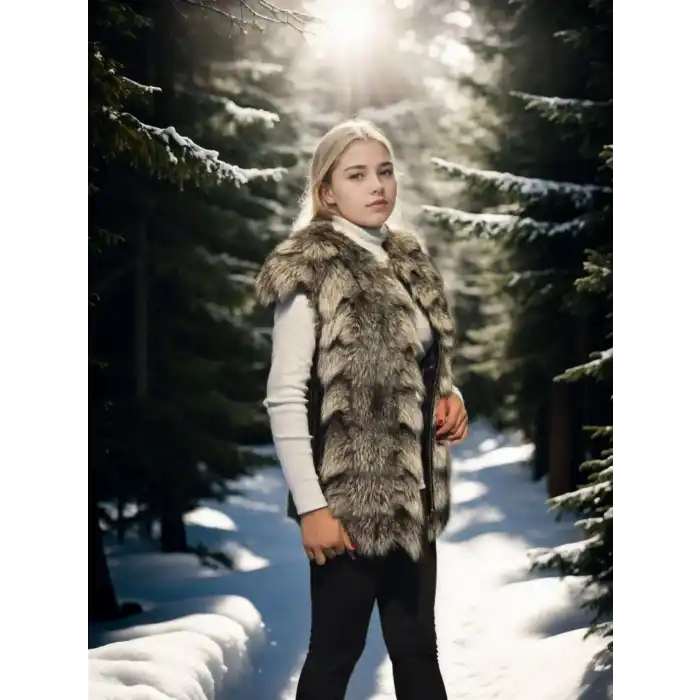 Kadın Kolsuz Hakiki Deri Kürk - Siyah