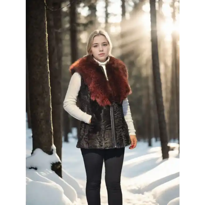 Kadın Kolsuz Hakiki Kürk - Siyah