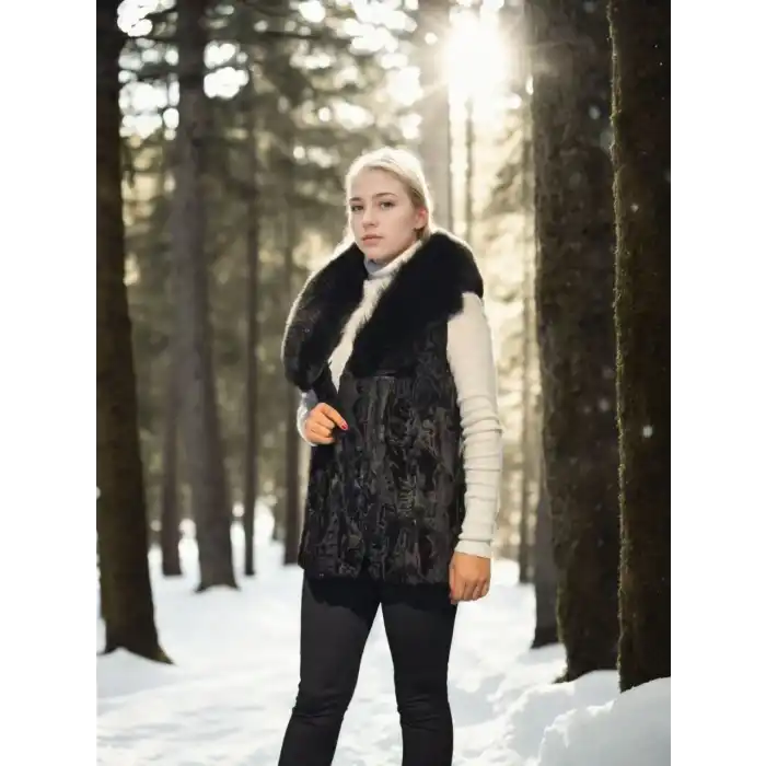 Kadın Kolsuz Hakiki Kürk - Siyah