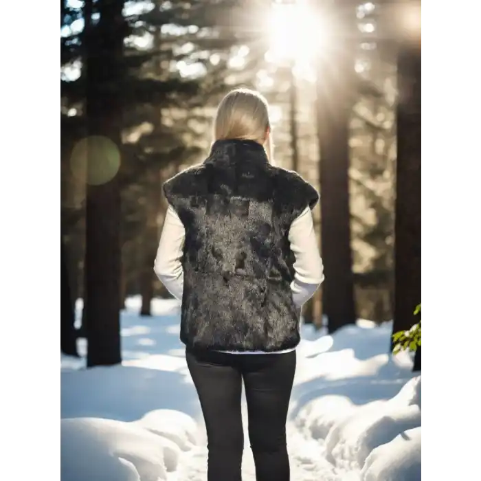 Kadın Kolsuz Hakiki Kürk - Siyah