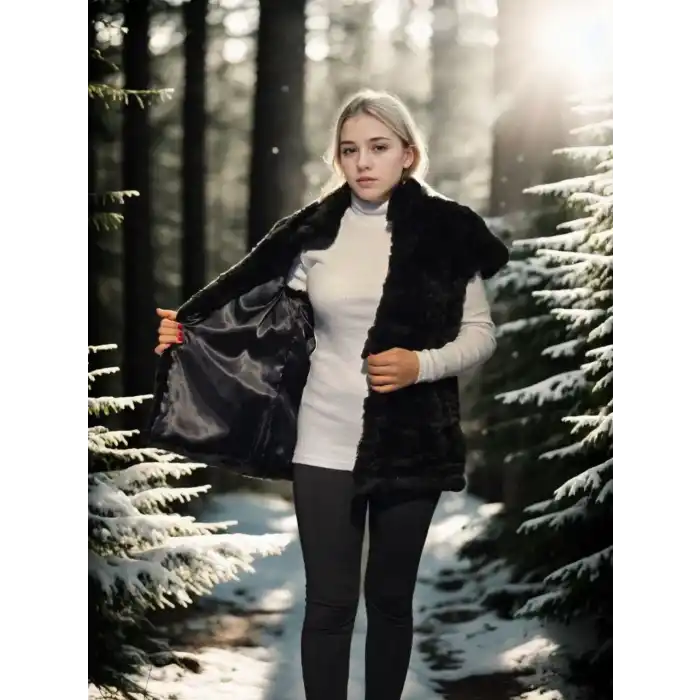 Kadın Kolsuz Hakiki Kürk - Siyah