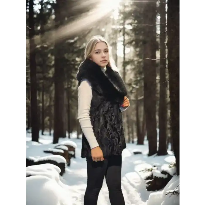 Kadın Kolsuz Hakiki Kürk - Siyah