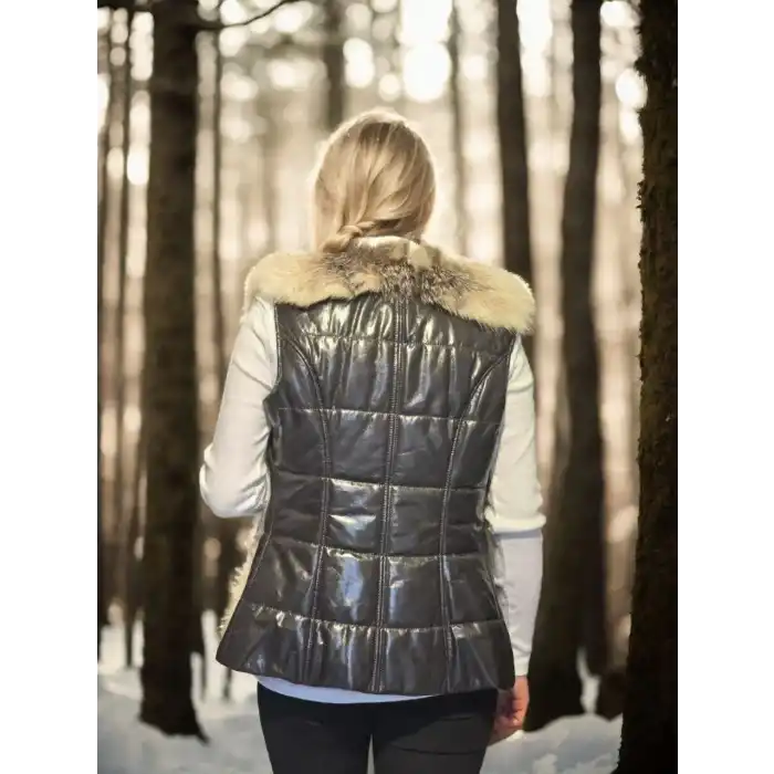 Kadın Kolsuz Hakiki Yelek - Fuşya