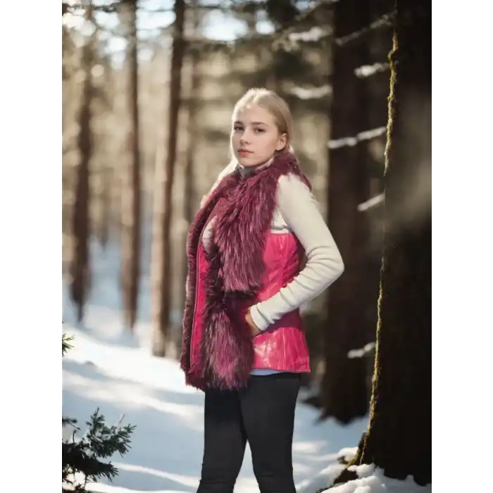 Kadın Kolsuz Hakiki Yelek - Fuşya