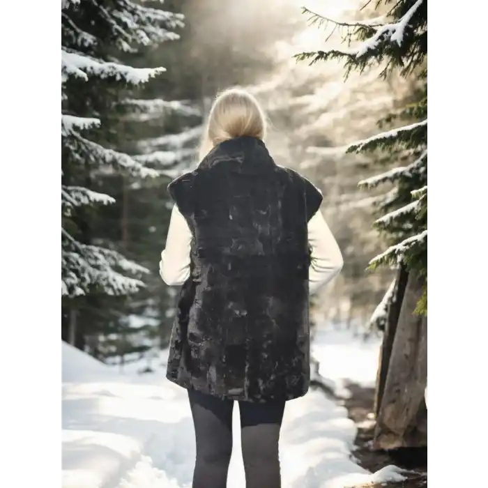 Kadın Kolsuz Hakiki Yelek - Siyah