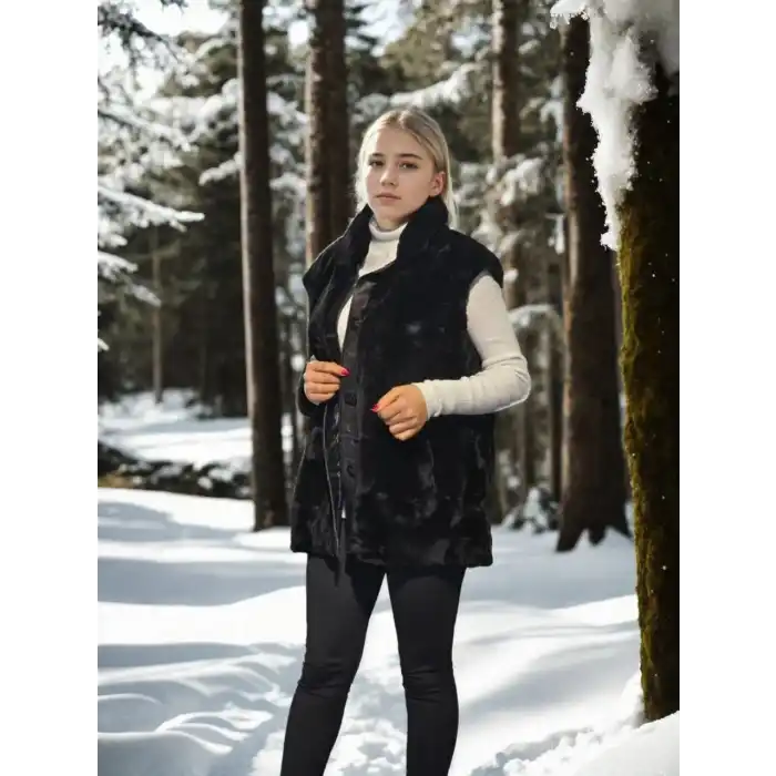 Kadın Kolsuz Hakiki Yelek - Siyah