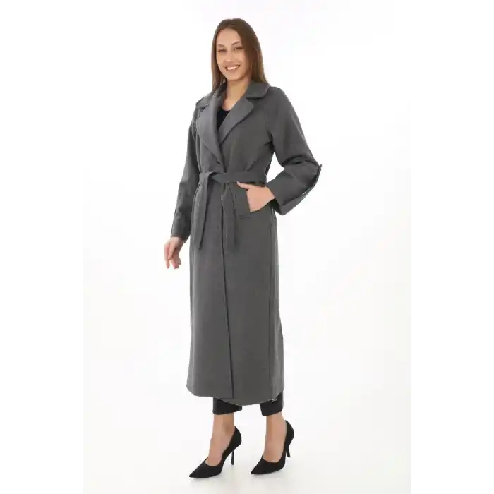 Kadın Kolu Apoletli Astarlı Kaşmir Kaşe Kaban - Füme