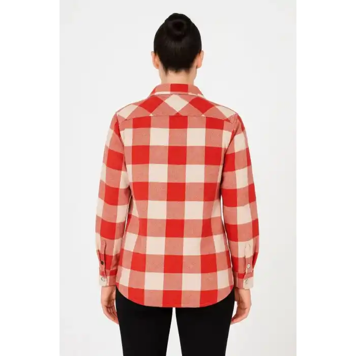 Kadın Oduncu Gömlek – Uzun Kollu, Şardonlu Kumaş, Kırmızı Beyaz Kareli Desen, Regular Fit, Çift Cepli, Manşetli Günlük Şık Stil - Bordo