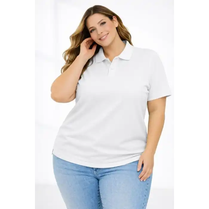 Kadın Pike Kumaş Düğmeli Yaka Battal Büyük Beden Günlük Kısa kol Tişört T-shirt - Beyaz