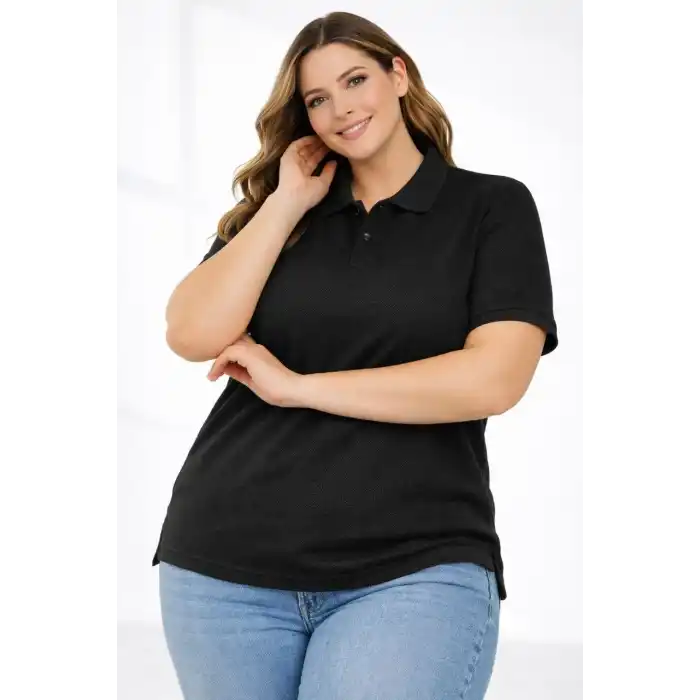 Kadın Pike Kumaş Düğmeli Yaka Battal Büyük Beden Günlük Kısa kol Tişört T-shirt - Siyah