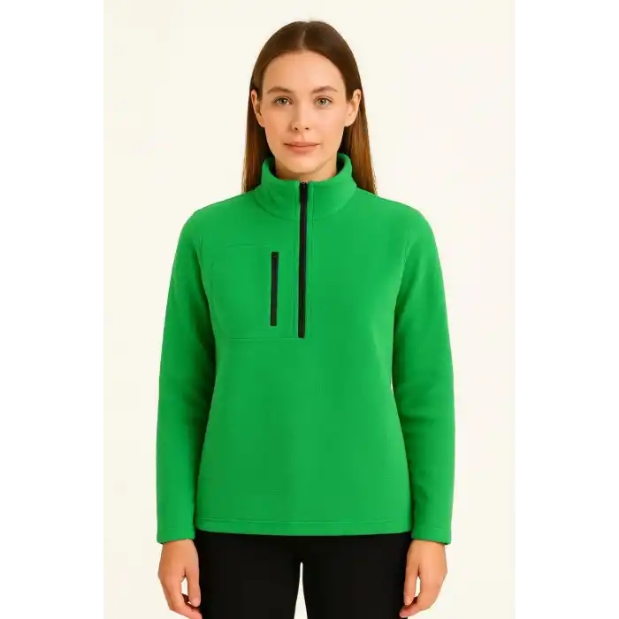 Kadın Polar Kazak – Dik Yaka, Yarım Fermuarlı, Fermuarlı Göğüs Cepli, Siyah Biyeli, Kışlık Rahat Regular Fit Günlük Model - Yeşil