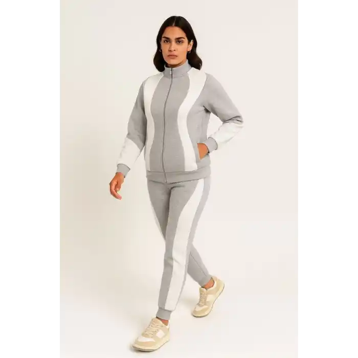Kadın Premium Parçalı Eşofman Takım - Dik Yaka Fermuarlı Sweatshirt - Gri