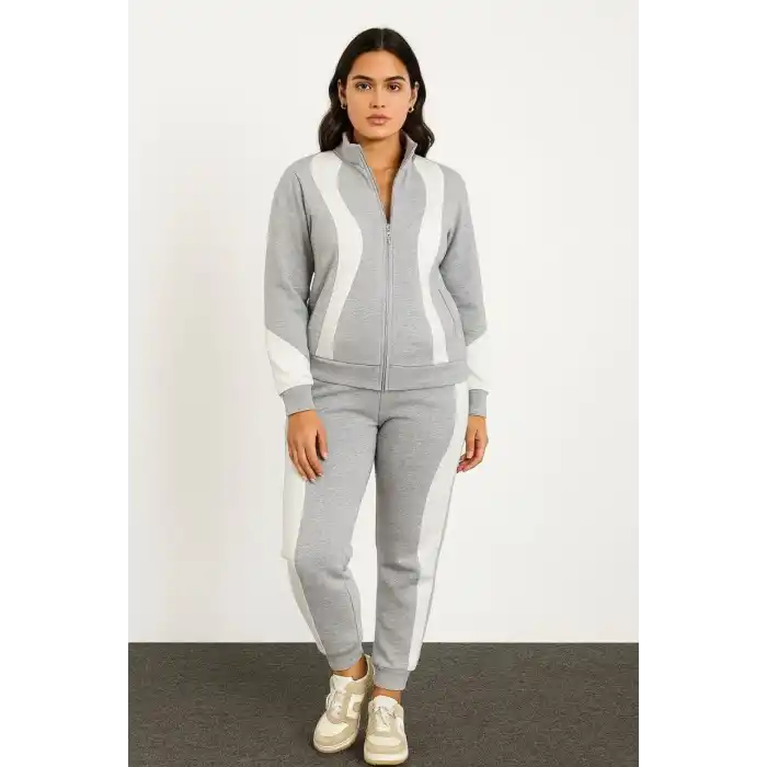 Kadın Premium Parçalı Eşofman Takım - Dik Yaka Fermuarlı Sweatshirt - Gri