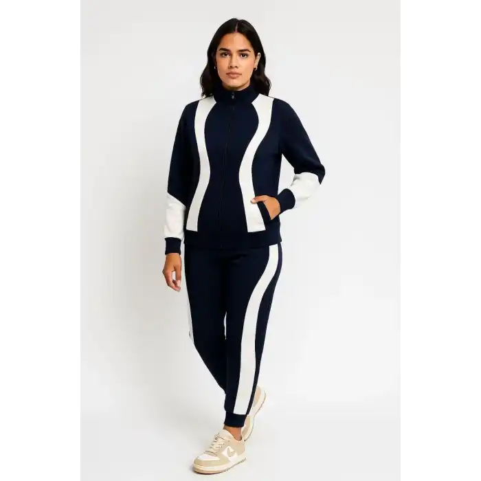 Kadın Premium Parçalı Eşofman Takım - Dik Yaka Fermuarlı Sweatshirt - Siyah
