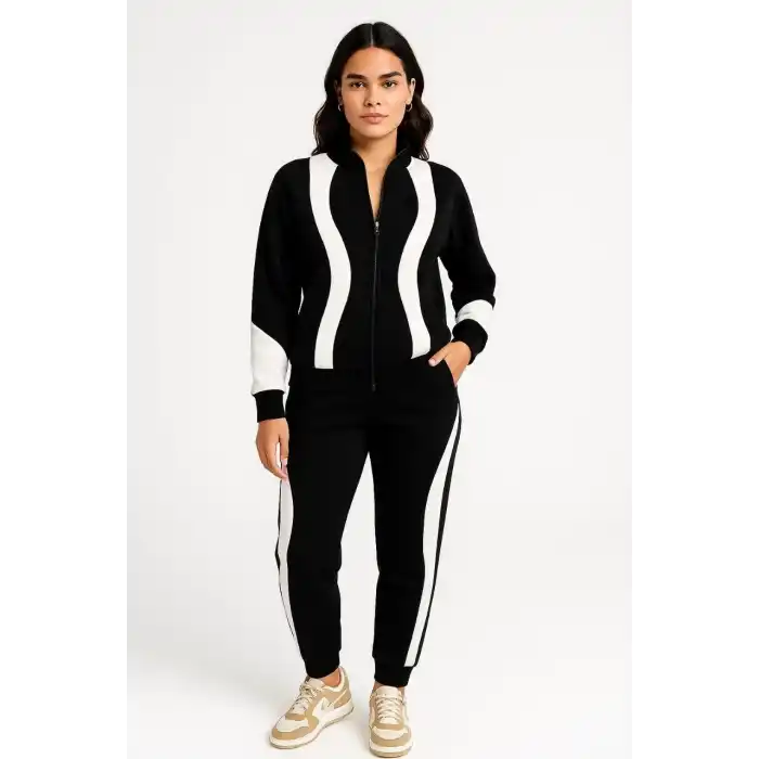 Kadın Premium Parçalı Eşofman Takım - Dik Yaka Fermuarlı Sweatshirt - Siyah