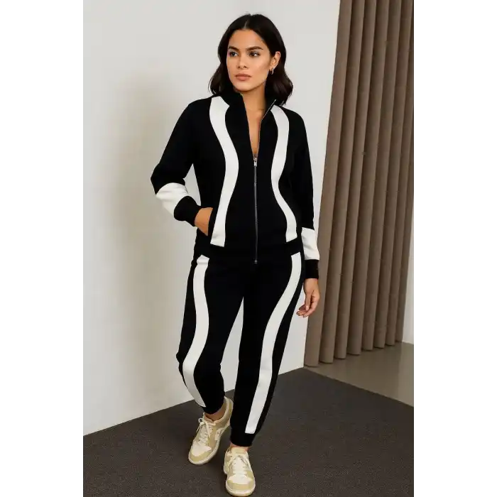 Kadın Premium Parçalı Eşofman Takım - Dik Yaka Fermuarlı Sweatshirt - Siyah