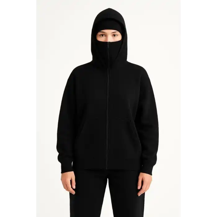 Kadın Samuray Ninja Çift Kapüşonlu Maske Detaylı Fermuarlı Kanguru Cepli Hoodie - Siyah