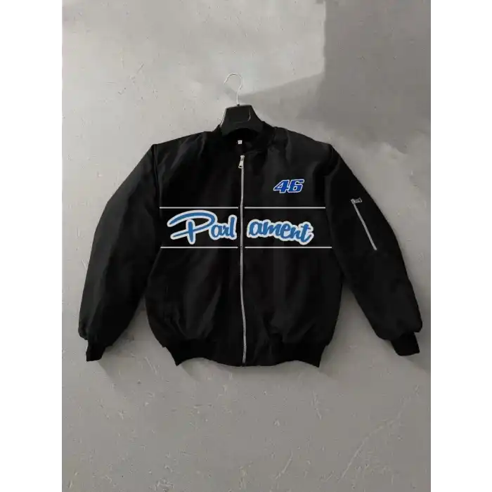 Kadın Siyah Bomber Mont – Parliament Yazılı, Fermuarlı Cepli, Kapitone Astarlı Oversize Günlük Mont - Siyah