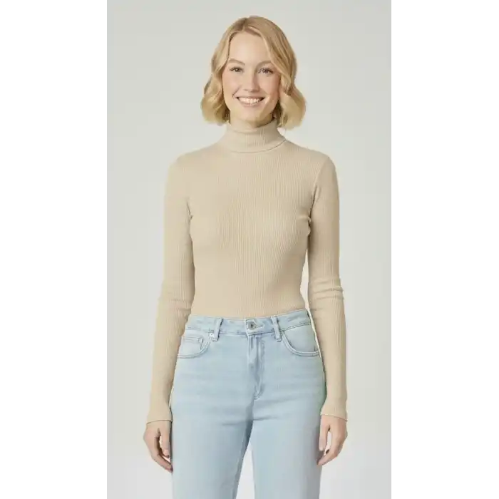 Kadın Tam Boğazlı Fitilli Likrali Kaşkorse Badi İnce Uzun Kollu Kazak - Bej