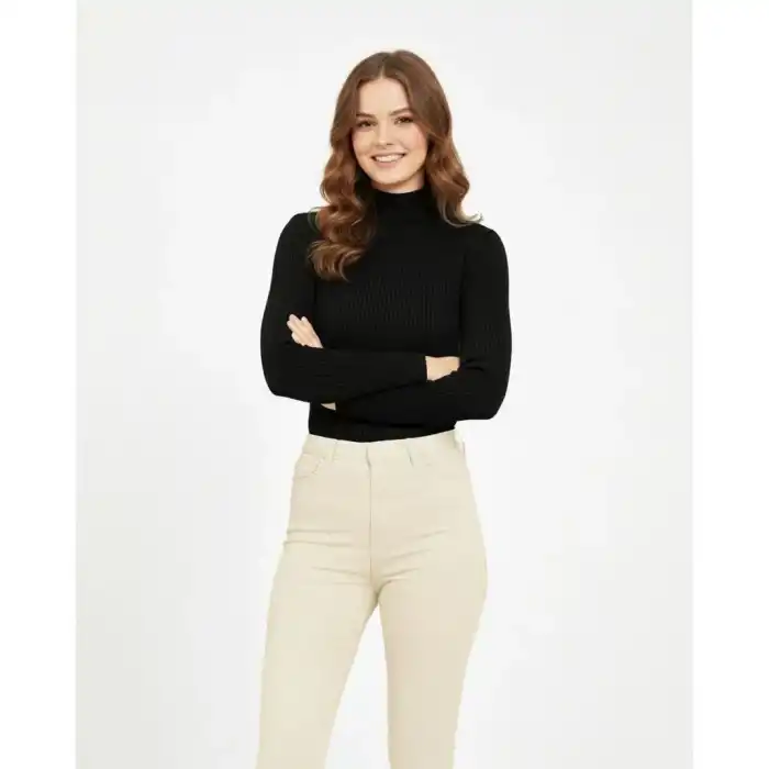 Kadın Tam Boğazlı Fitilli Likrali Koşkorse Badi - Siyah