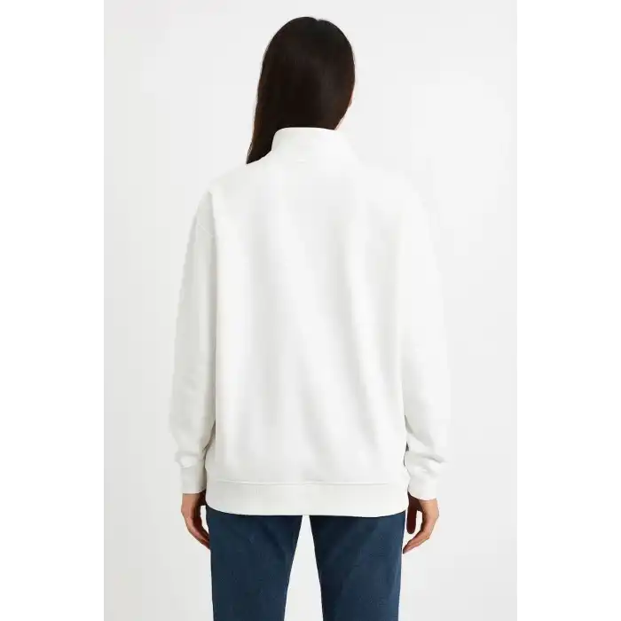 Kadın Üç İplik Dık Yaka Yarım Fermuarlı SweatShirt - Beyaz
