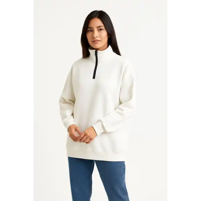 Kadın Üç İplik Dık Yaka Yarım Fermuarlı SweatShirt - Beyaz