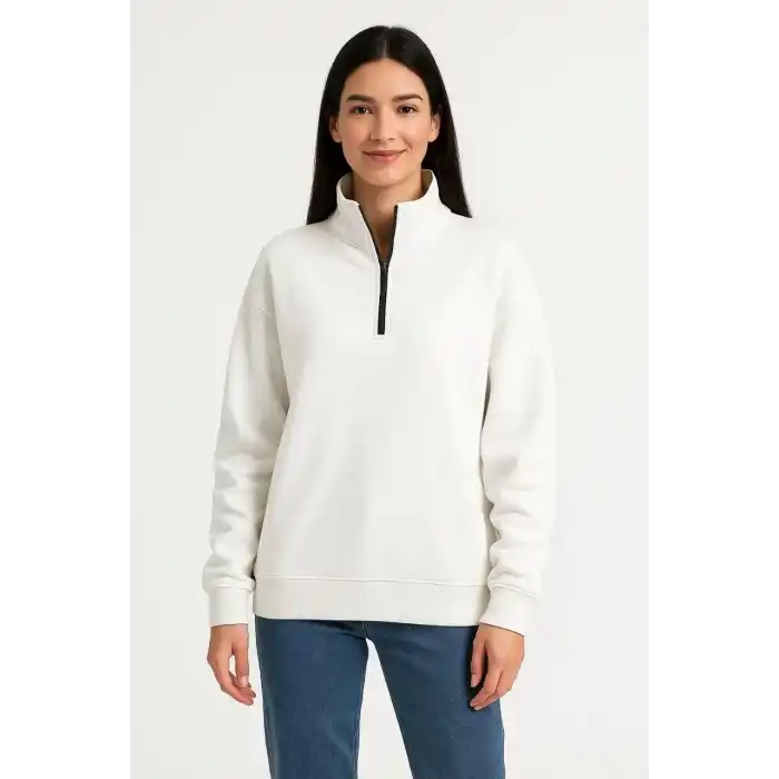 Kadın Üç İplik Dık Yaka Yarım Fermuarlı SweatShirt - Beyaz