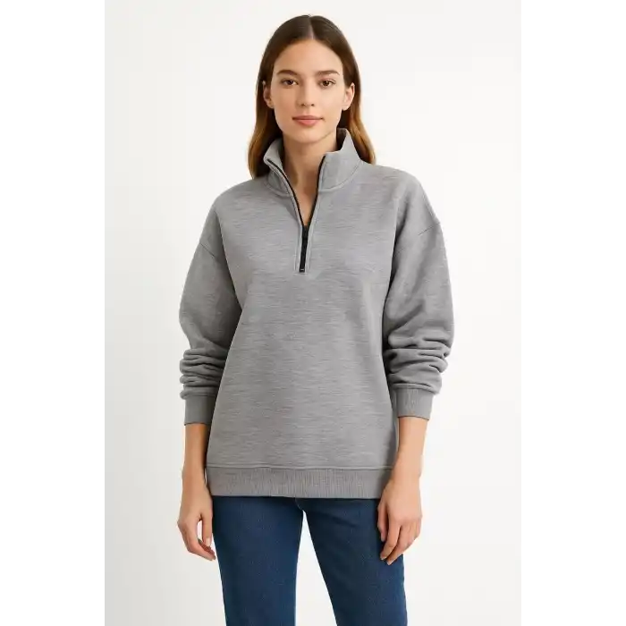 Kadın Üç İplik Dık Yaka Yarım Fermuarlı SweatShirt - Gri
