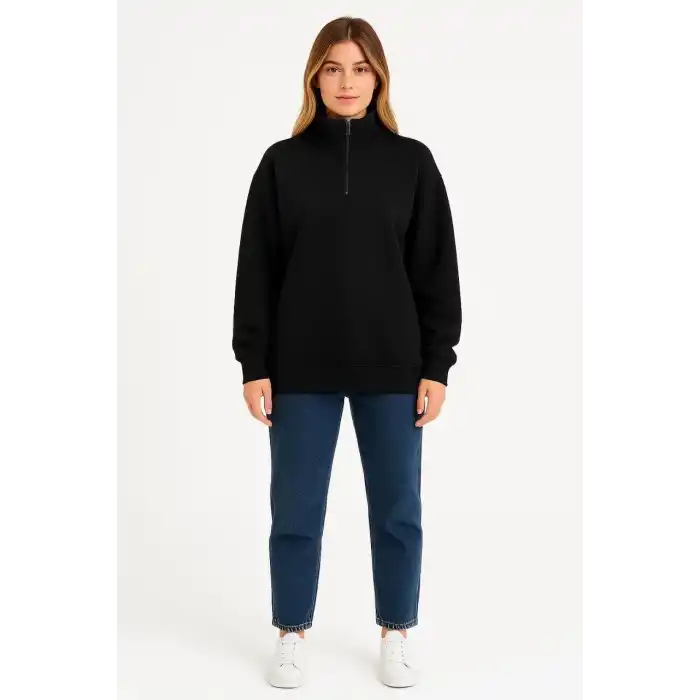 Kadın Üç İplik Dık Yaka Yarım Fermuarlı SweatShirt - Siyah