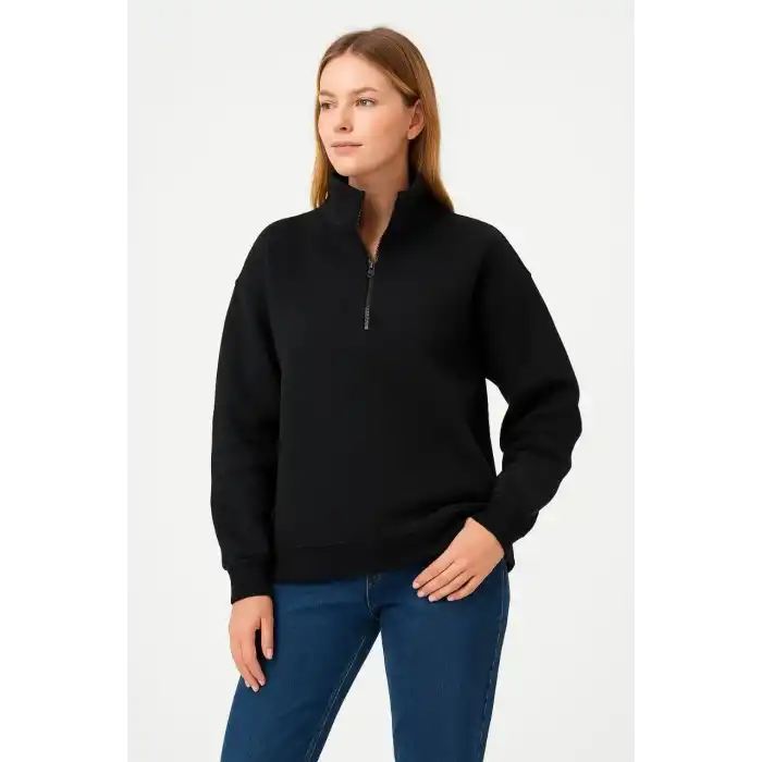 Kadın Üç İplik Dık Yaka Yarım Fermuarlı SweatShirt - Siyah