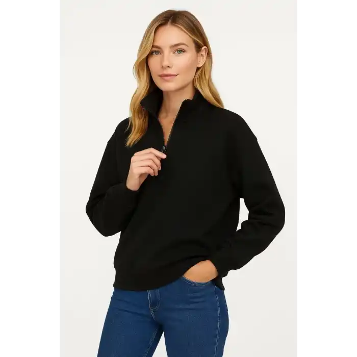 Kadın Üç İplik Dık Yaka Yarım Fermuarlı SweatShirt - Siyah