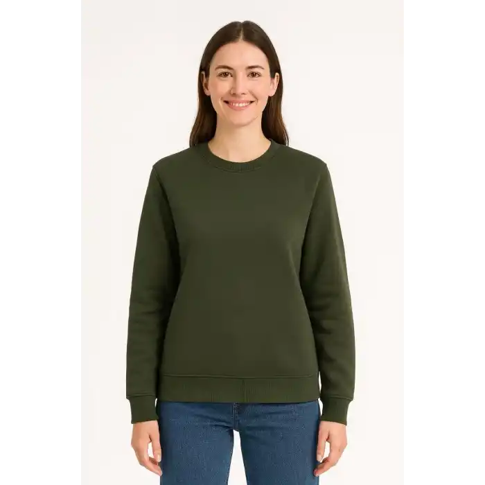 Kadın Üç İplik Düz Bisiklet Yaka SweatShirt - Haki