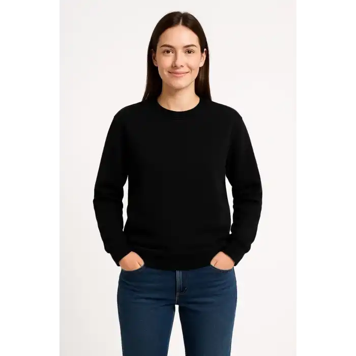 Kadın Üç İplik Düz Bisiklet Yaka SweatShirt - Siyah