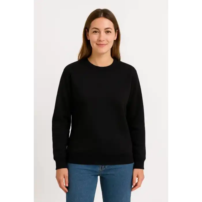 Kadın Üç İplik Düz Bisiklet Yaka SweatShirt - Siyah