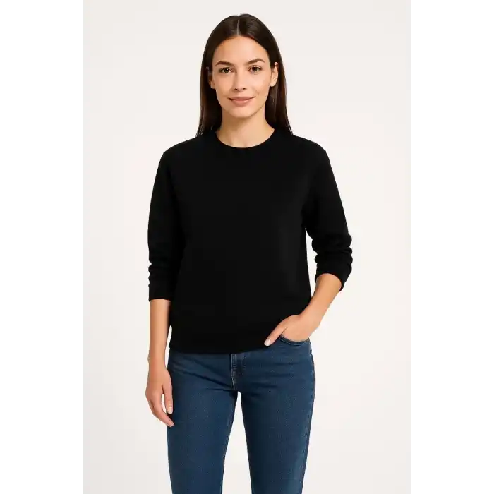 Kadın Üç İplik Düz Bisiklet Yaka SweatShirt - Siyah