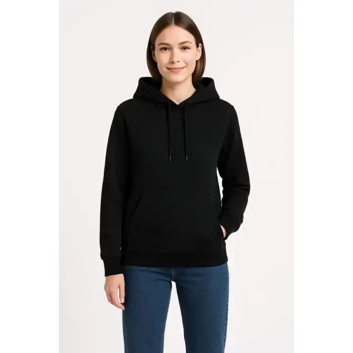 Kadın Üç İplik Kapüşonlu Kanguru Cepli Sweatshirt hoodie - Siyah