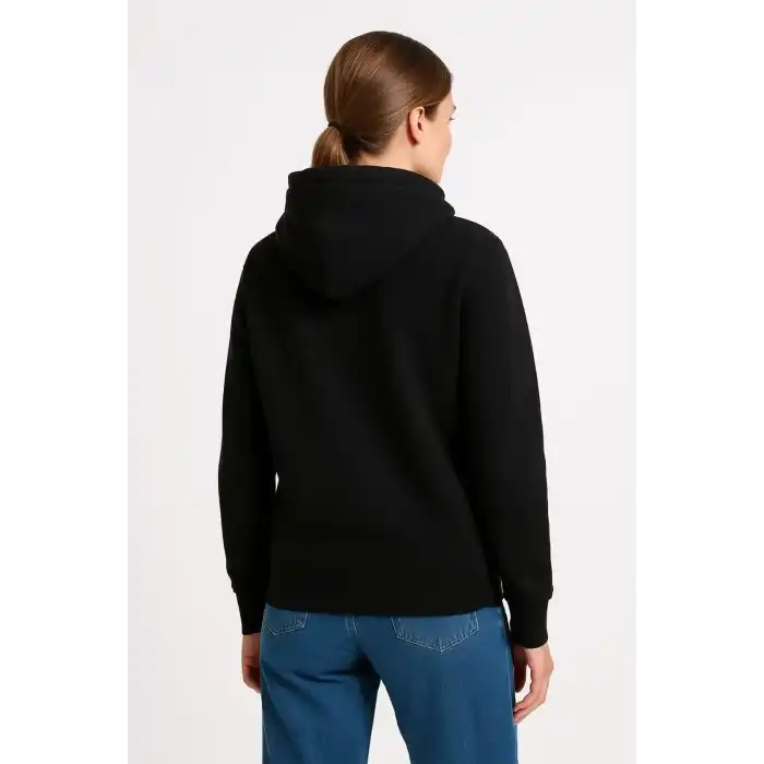 Kadın Üç İplik Kapüşonlu Kanguru Cepli Sweatshirt hoodie - Siyah