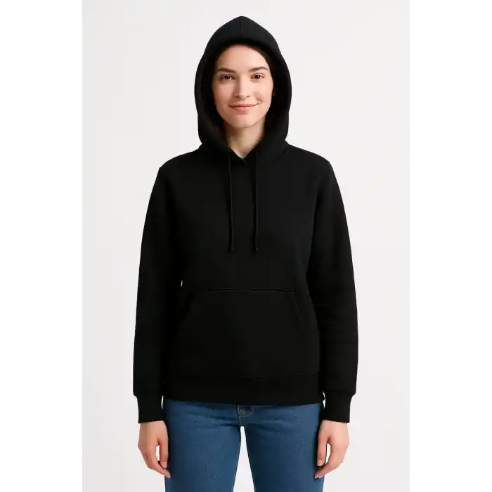 Kadın Üç İplik Kapüşonlu Kanguru Cepli Sweatshirt hoodie - Siyah