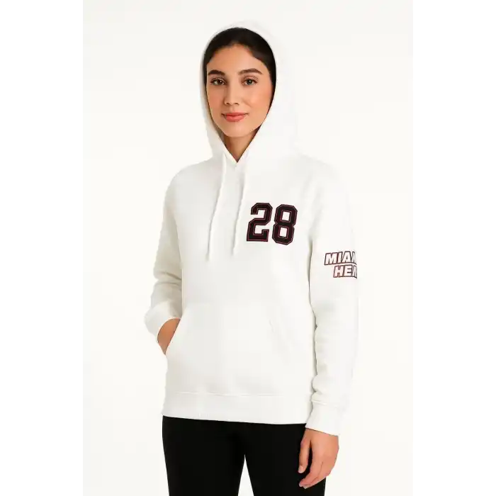 Kadın Üç İplik Kapüşonlu Ön ve Arka Baskılı SweatShirt hoodie - Beyaz