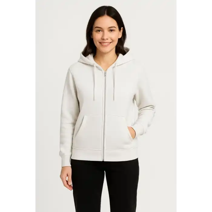 Kadın Üç İplik Kapüşonlu Tam Fermuarlı Kanguru Çepli SweatShirt Hoodie - Beyaz