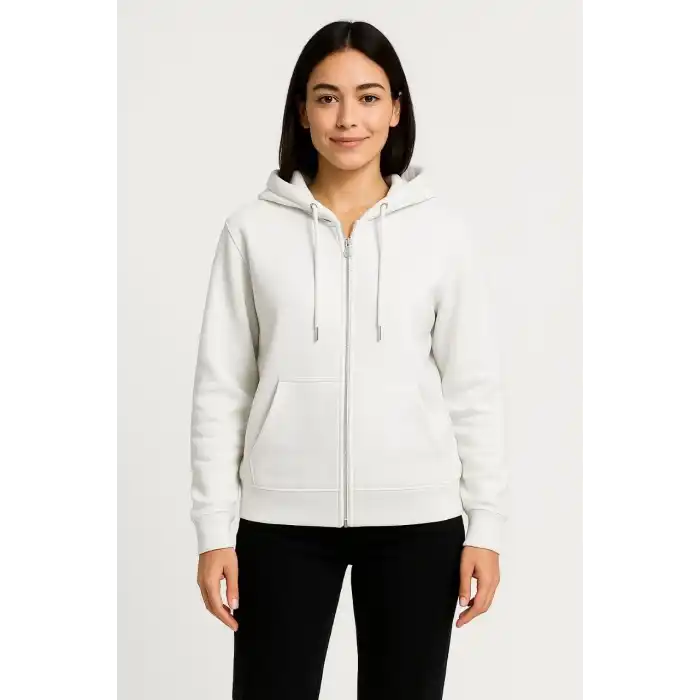Kadın Üç İplik Kapüşonlu Tam Fermuarlı Kanguru Çepli SweatShirt Hoodie - Beyaz