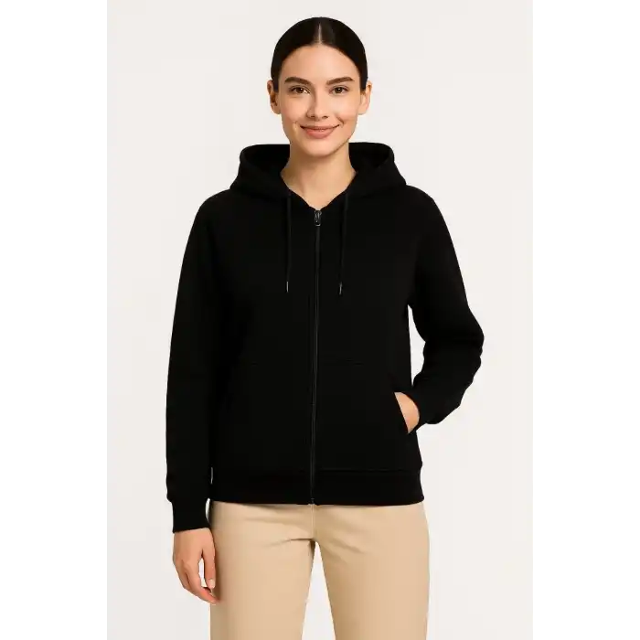 Kadın Üç İplik Kapüşonlu Tam Fermuarlı Kanguru Çepli SweatShirt Hoodie - Siyah
