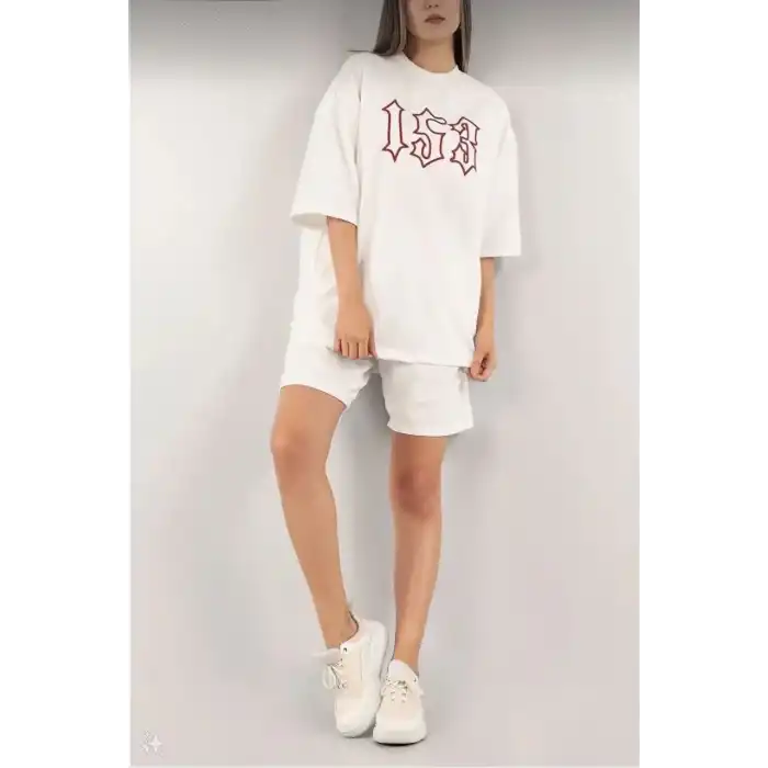 Kadın Unisex Nakış İşlemeli Şort Takım - Beyaz