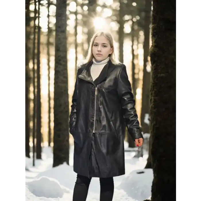 Kadın Uzun Kollu Hakiki Deri Ceket - Siyah