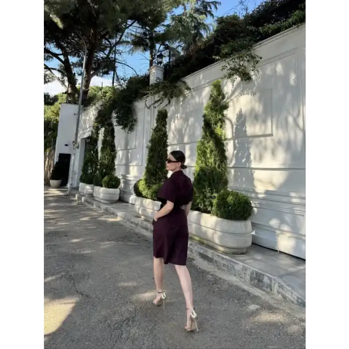 Kadın Yakalı Gömlek Kemerli Şortlu Takım - Bordo