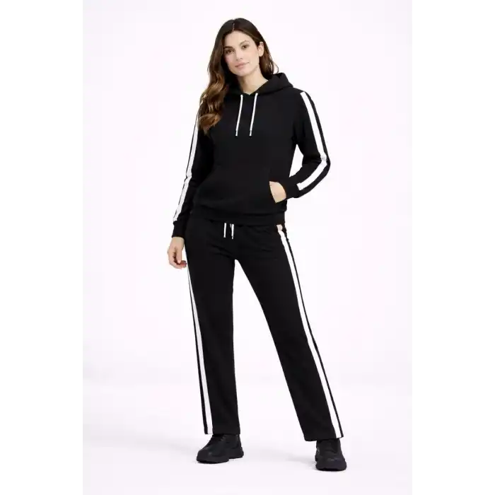 KADIN Yandan Şeritli Eşofman Takım Kapüşonlu Sweatshirt Boru Paça Alt, Oversize 3 iplik Pamuklu - Siyah