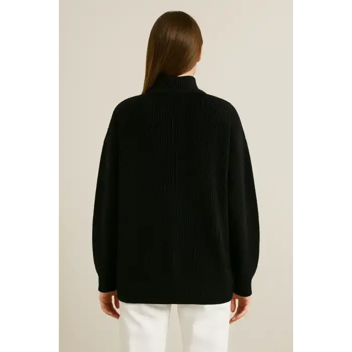 KADIN Yarım Fermuarlı Triko Kazak – Selanik Örgü, Dik Yaka, Pamuklu Dokuma, Oversize Uzun Kollu Kışlık Model - Siyah